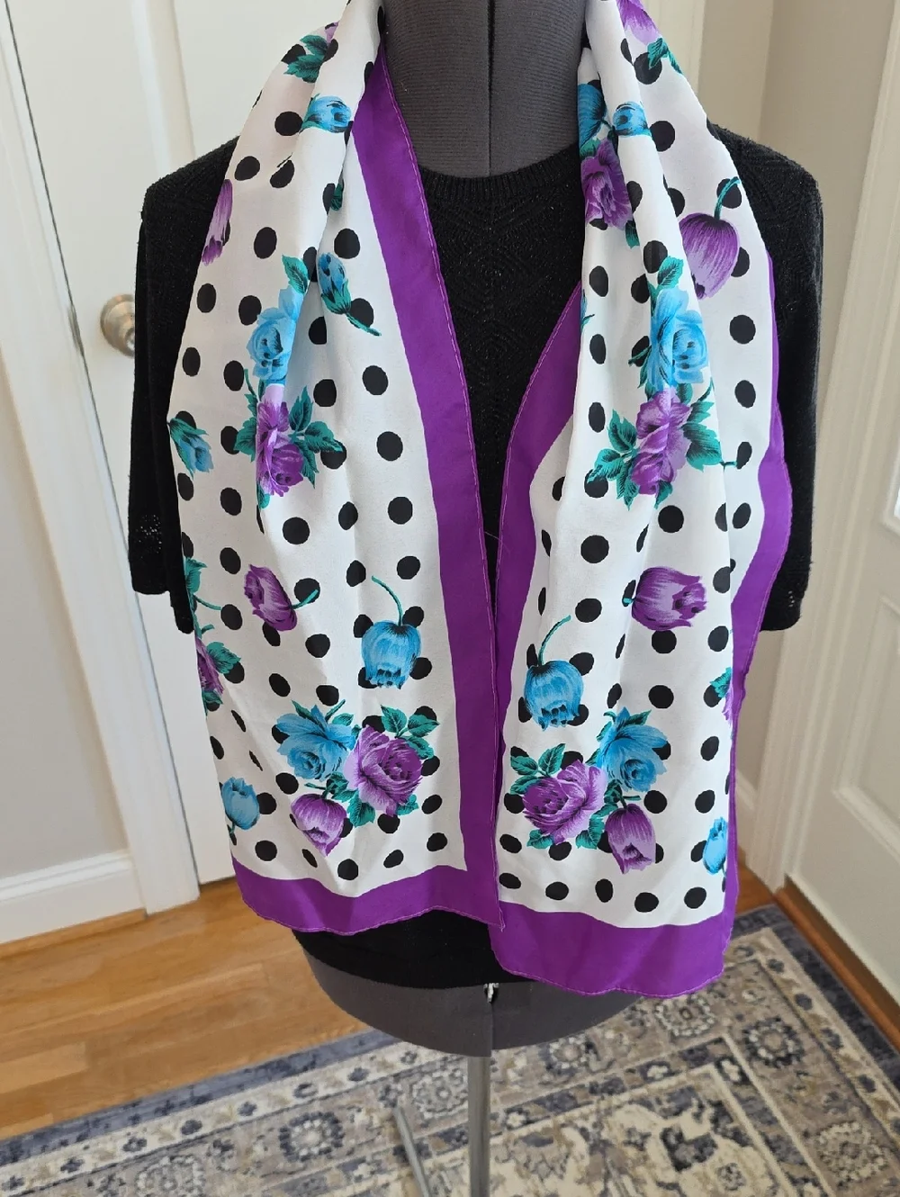 Glentex Vintage Granny Floral Polka Dot Scarf with Purple Border